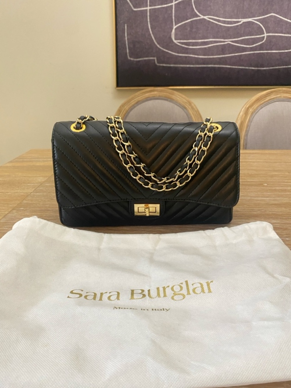 Sara Burglar Black Quilted Leather Shoulder Bag with Gold Chain OBO